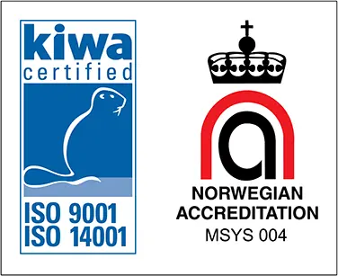 KIWA-sertifiseringslogo for ISO 9001 og ISO 14001.